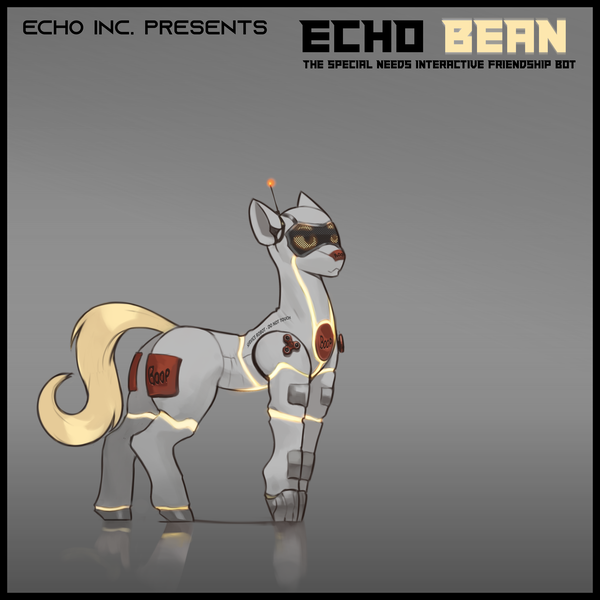 Size: 3000x3000 | Tagged: safe, alternate version, artist:nsilverdraws, derpibooru import, oc, oc:echo bean, unofficial characters only, earth pony, pony, robot, robot pony, antenna, fidget spinner, glow, gradient background, high res, image, png, reflection, solo, standing, tail, technology, text