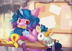 Size: 7016x4961 | Tagged: safe, artist:cutepencilcase, derpibooru import, izzy moonbow, pony, unicorn, my little pony: tell your tale, cute, female, fire, g5, glue, image, izzybetes, male, mare, mouth hold, painting, png, recycling, señor butterscotch, smoke