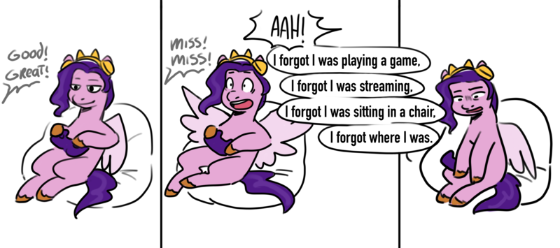 Size: 5767x2557 | Tagged: safe, artist:daisy_marshmallow, derpibooru import, pipp petals, pegasus, pony, 3 panel comic, beanbag chair, colored sketch, comic, controller, dialogue, female, g5, gamer pipp, gaming, gaming headset, headphones, headset, image, jerma985, mare, png, sketch, solo