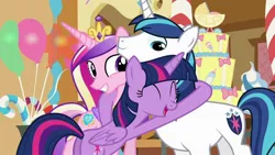 Size: 1280x720 | Tagged: safe, derpibooru import, princess cadance, shining armor, twilight sparkle, twilight sparkle (alicorn), alicorn, unicorn, the one where pinkie pie knows, big brother, brother and sister, female, happy, hug, image, jpeg, little sister, love, male, siblings, sisters-in-law