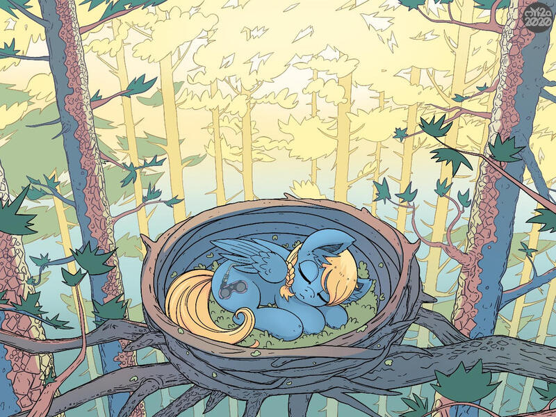 Size: 1024x768 | Tagged: safe, artist:myr2a, derpibooru import, oc, unofficial characters only, pegasus, pony, behaving like a bird, forest, image, jpeg, nest, sleeping, solo, tree