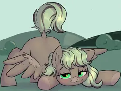 Size: 2501x1895 | Tagged: safe, artist:dumbwoofer, derpibooru import, oc, oc:forest air, pegasus, pony, ass up, bedroom eyes, blushing, dock, ear fluff, female, grass, grass field, hock fluff, image, looking at you, mare, png, presenting, sky, smiling, smiling at you, solo, spread wings, tail, underhoof, wingboner, wings