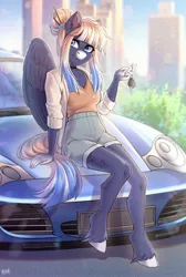 Size: 1900x2831 | Tagged: safe, artist:hakaina, artist:hakaina88, derpibooru import, oc, oc:kimono silk, unofficial characters only, anthro, pegasus, car, choker, cute, female, freckles, gradient mane, hair bun, image, jpeg, key, looking at you, pegasus oc, sitting, unshorn fetlocks, wings