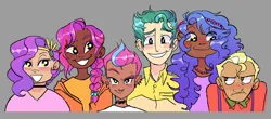 Size: 1500x660 | Tagged: safe, artist:stevetwisp, derpibooru import, hitch trailblazer, izzy moonbow, pipp petals, sprout cloverleaf, sunny starscout, zipp storm, human, bust, dark skin, g5, height difference, humanized, image, jpeg, light skin, mane five (g5), moderate dark skin, tan skin