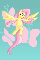 Size: 3600x5400 | Tagged: safe, artist:lxyacht, derpibooru import, fluttershy, butterfly, insect, pegasus, pony, cutie mark, cutie mark background, female, flying, full body, image, long tail, mare, open mouth, png, simple background, solo, spread wings, tail, teal background, wings