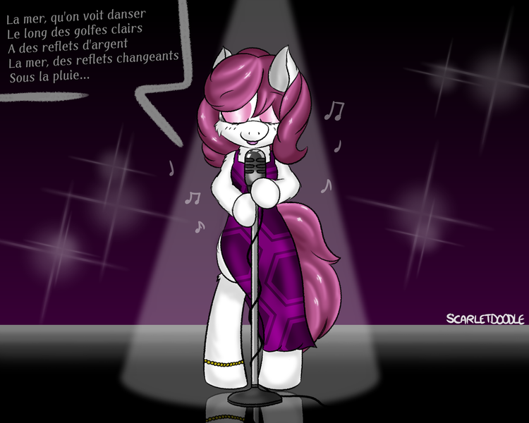 Size: 2500x2000 | Tagged: safe, artist:scarletdoodle, derpibooru import, oc, oc:wild swing, unofficial characters only, anklet, clothes, dress, eyes closed, eyeshadow, french, image, jazz, jewelry, makeup, pink mane, png, shiny, singing, white coat