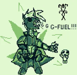 Size: 732x707 | Tagged: safe, artist:damset, derpibooru import, oc, oc:da-mset, changeling, 1000 hours in ms paint, cloak, clothes, eyepatch, game boy, image, isaac, monochrome, ms paint, one eye, pixel art, png, taunting, the binding of isaac