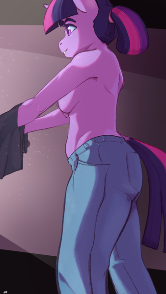 Size: 1080x1920 | Tagged: questionable, artist:storyteller, derpibooru import, twilight sparkle, anthro, unicorn, alternate hairstyle, breasts, clothes, denim, image, jeans, nipples, nudity, pants, partial nudity, png, shirt, smiling, topless, unicorn twilight