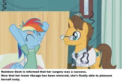 Size: 960x650 | Tagged: suggestive, derpibooru import, screencap, doctor horse, doctor stable, rainbow dash, pegasus, pony, unicorn, read it and weep, cute, duo, eyes closed, female, glasses, image, implied autocunnilingus, implied cunnilingus, implied oral, implied sex, male, mare, png, ponestrip, smiling, stallion