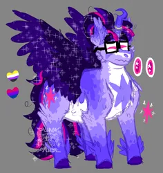 Size: 1700x1800 | Tagged: safe, artist:punkpride, twilight sparkle, twilight sparkle (alicorn), alicorn, pony, alternate design, glasses, gray background, image, obtrusive watermark, png, pride flag, redesign, simple background, solo, twitterina design, watermark