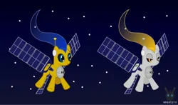 Size: 1223x719 | Tagged: safe, artist:wheatley r.h., derpibooru import, ponified, earth pony, object pony, original species, pony, derpibooru exclusive, female, image, jpeg, mare, satellite, smiling, solo, space, stars, vector, watermark