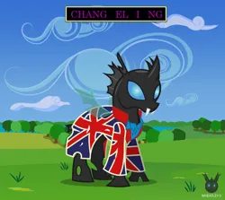 Size: 1112x994 | Tagged: safe, artist:wheatley r.h., derpibooru import, changeling, pony, album parody, clothes, cloud, david bowie, derpibooru exclusive, grass, image, jacket, jpeg, male, sky, smiling, solo, stallion, tree, vector, watermark