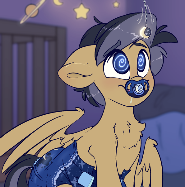 Size: 3468x3500 | Tagged: questionable, artist:fluffyxai, derpibooru import, oc, oc:moon sparks, unofficial characters only, pegasus, pony, diaper, diaper fetish, drool, drool on face, fetish, hypnosis, image, non-baby in diaper, pacifier, pendulum swing, png, swirly eyes