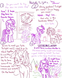 Size: 4779x6013 | Tagged: safe, artist:adorkabletwilightandfriends, derpibooru import, raspberry sorbet, spike, twilight sparkle, twilight sparkle (alicorn), alicorn, dragon, pony, unicorn, comic:adorkable twilight and friends, adorkable, adorkable twilight, chest fluff, comic, cute, dork, female, food, friendship, happy, head tilt, ice cream, ice cream cone, image, logo, male, mare, png, shop, sign, slice of life, smile and wave, smiling, store, walking, waving, window