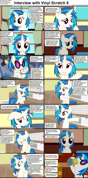 Size: 1282x2590 | Tagged: safe, derpibooru import, vinyl scratch, pony, unicorn, comic:celestia's servant interview, caption, cider mug, covering eyes, cs captions, drinking, female, fire, fireplace, headphones, image, interview, kitchen, kitchen sink, looking at you, mare, mug, png, scrunchy face, solo, sunglasses, text, turntable