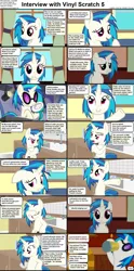 Size: 1282x2590 | Tagged: safe, derpibooru import, vinyl scratch, pony, unicorn, comic:celestia's servant interview, caption, cider mug, covering eyes, cs captions, drinking, female, fire, fireplace, headphones, image, interview, kitchen, kitchen sink, looking at you, mare, mug, png, scrunchy face, solo, sunglasses, text, turntable