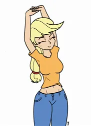 Size: 1600x2200 | Tagged: safe, artist:mkogwheel, derpibooru import, applejack, human, arms in the air, belly button, breasts, busty applejack, clothes, denim, eyes closed, female, hatless, humanized, image, jeans, jpeg, midriff, missing accessory, pants, simple background, smiling, solo, stretching, white background
