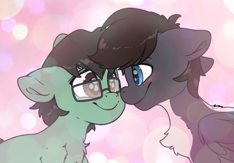 Size: 6000x4200 | Tagged: safe, artist:fluffyxai, derpibooru import, oc, oc:jimpy, oc:tenerius, earth pony, pony, skunk, skunk pony, blushing, chest fluff, commission, glasses, image, looking at each other, looking at someone, png, smiling, your character here