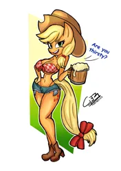 Size: 1280x1814 | Tagged: suggestive, artist:gerjm, derpibooru import, applejack, anthro, alcohol, beer, belly button, big breasts, breasts, busty applejack, cleavage, clothes, cowboy hat, cup, curvy, daisy dukes, denim, denim shorts, dialogue, female, front knot midriff, hand on hip, hat, hourglass figure, image, jpeg, looking at you, midriff, open mouth, open smile, panties, passepartout, shoes, shorts, simple background, smiling, smiling at you, solo, solo female, text, underwear, wide hips