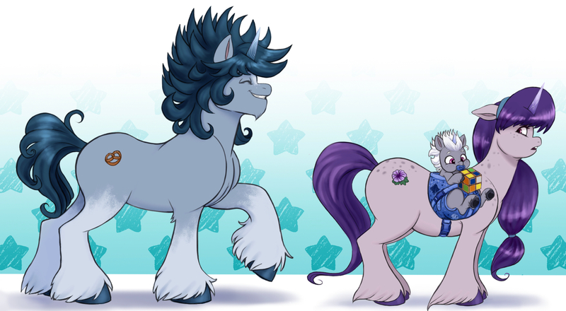 Size: 2732x1504 | Tagged: safe, artist:sallylla, derpibooru import, alphabittle (g5), oc, oc:mallow mist, oc:mighty spruce, pony, unicorn, g5, alphabetes, baby, baby carrier, baby pony, bag, bangs, blaze (coat marking), butt freckles, carrying, chubby, coat markings, colt, colt alphabittle blossomforth, cute, eyes closed, facial markings, family, father and child, father and son, female, floppy ears, fluffy, foal, freckles, full body, grin, hairband, happy, height difference, hoof heart, hoof hold, hooves, horn, husband and wife, image, jpeg, leg fluff, looking at someone, looking back, male, mare, mother and child, mother and son, pacifier, parent and child, raised hoof, reference sheet, rubik's cube, saddle bag, side view, simple background, size difference, smiling, socks (coat marking), stallion, standing, teeth, underhoof, unicorn oc, unshorn fetlocks, upside-down hoof heart, younger