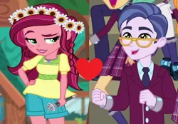 Size: 1024x714 | Tagged: safe, artist:3d4d, derpibooru import, edit, edited screencap, screencap, clayton potter, gloriosa daisy, larry cooper, equestria girls, friendship games, legend of everfree, background human, bedroom eyes, claisy, eyebrows, female, geode of fauna, geode of shielding, geode of sugar bombs, geode of super speed, geode of super strength, hand on hip, image, magical geodes, male, microphone, png, raised eyebrow, shipping, shipping domino, straight