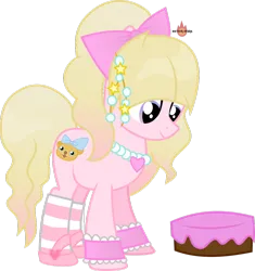 Size: 1024x1090 | Tagged: dead source, safe, artist:meteor-spark, derpibooru import, oc, oc:lolita, unofficial characters only, cat, earth pony, pony, blonde, blonde mane, blonde tail, bow, bracelet, cake, clip, clothes, commission, earth pony oc, female, food, frills, frosting, gradient mane, gradient tail, hair bow, hairpin, happy, heart, image, jewelry, lightly watermarked, looking down, mare, necklace, pearl necklace, png, purple eyes, simple background, smiling, socks, solo, source in the description, striped socks, tail, transparent background, watermark