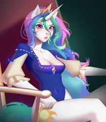 Size: 1676x1920 | Tagged: safe, artist:ambrysic, derpibooru import, princess celestia, alicorn, anthro, belly button, big eyes, breasts, cleavage, clothes, crown, ears, eyebrows, eyelashes, female, hips, horn, image, jewelry, lips, multicolored hair, multicolored tail, nostrils, png, puckered lips, regalia, short sleeves, sitting, skintight clothes, solo, tail, thighs, throne, unicorn horn