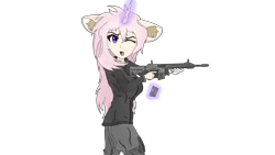 Size: 3840x2160 | Tagged: safe, artist:straighttothepointstudio, derpibooru import, oc, unofficial characters only, anthro, unicorn, 4k, angry, anime, anthro oc, armor, assault rifle, clothes, digital art, ear fluff, eyebrows, female, g5, glow, glowing horn, gun, high res, horn, image, jacket, levitation, long hair, looking at you, magazine, magic, one eye closed, pants, pink hair, png, purple eyes, reloading, rifle, simple background, solo, telekinesis, transparent background, unicorn oc, walking, weapon, wrinkles, yelling