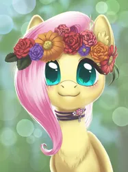 Size: 2173x2898 | Tagged: safe, artist:taytinabelle, derpibooru import, fluttershy, pegasus, pony, backlighting, blurry background, blushing, bokeh, bust, chest fluff, choker, ear fluff, female, floral head wreath, flower, happy, image, jewelry, lighting, looking at you, mare, necklace, png, shading, smiling, solo