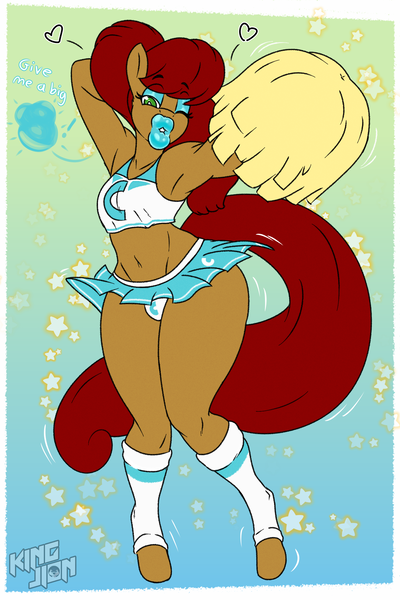 Size: 1440x2160 | Tagged: suggestive, artist:kingjion, derpibooru import, oc, oc:havencorpser, anthro, earth pony, unguligrade anthro, arm behind head, armpits, belly button, big lips, blowing a kiss, cheerleader, cheerleader outfit, clothes, crossdressing, dialogue, dick sucking lips, earth pony oc, eyelashes, eyeshadow, femboy, green eyes, heart, hips, image, kneesocks, lidded eyes, lips, lipstick, long hair, long tail, looking at you, makeup, male, midriff, miniskirt, one eye closed, one eye open, png, pom pom, short shirt, shoulderless, skirt, socks, solo, tail, thighs, underwear