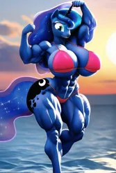 Size: 512x768 | Tagged: suggestive, derpibooru import, machine learning generated, princess luna, alicorn, anthro, pony, abs, armpits, beach, biceps, big breasts, bikini, bodybuilder, breasts, busty princess luna, clothes, female, flexing, image, jpeg, large butt, looking at you, mare, muscles, muscular female, pink bikini, pink swimsuit, princess muscle moona, solo, solo female, sunset, swimsuit, thighs, thunder thighs