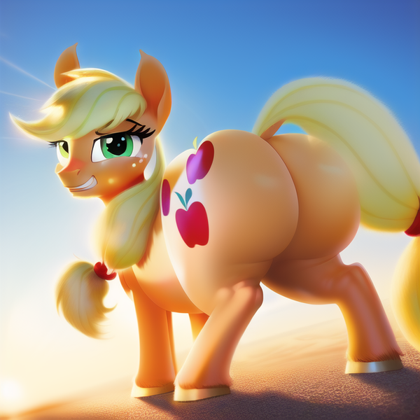 Size: 640x640 | Tagged: suggestive, derpibooru import, machine learning generated, applejack, earth pony, pony, butt, female, grin, huge butt, image, large butt, looking at you, looking back, looking back at you, plot, png, smiling, solo, solo female