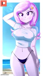 Size: 1640x2920 | Tagged: suggestive, artist:the-butch-x, derpibooru import, edit, fleur-de-lis, equestria girls, arm behind head, beach, belly button, big breasts, bikini, bikini bottom, breasts, busty fleur-de-lis, clothes, erect nipples, eyeshadow, hairclip, image, makeup, miss fleur is trying to seduce us, nipple outline, patreon, patreon logo, png, sexy, side-tie bikini, smiling, solo, stupid sexy fleur-de-lis, swimsuit, tanktop, underass