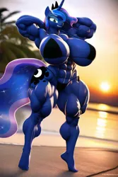 Size: 512x768 | Tagged: suggestive, derpibooru import, machine learning generated, princess luna, alicorn, anthro, plantigrade anthro, pony, abs, arm behind head, armpits, beach, biceps, big breasts, black bikini, black swimsuit, bodybuilder, breasts, busty princess luna, clothes, female, flexing, image, jpeg, looking at you, mare, muscles, muscular female, princess muscle moona, solo, solo female, sunset, swimsuit, thighs, thunder thighs, tiptoe