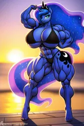 Size: 512x768 | Tagged: suggestive, derpibooru import, machine learning generated, princess luna, alicorn, anthro, plantigrade anthro, pony, abs, armpits, beach, biceps, big breasts, black bikini, black swimsuit, bodybuilder, breasts, busty princess luna, clothes, deltoids, female, flexing, image, jpeg, looking at you, mare, muscles, muscular female, princess muscle moona, solo, solo female, sunset, swimsuit, thighs, thunder thighs, tiptoe