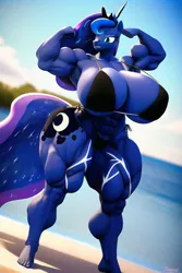 Size: 512x768 | Tagged: suggestive, derpibooru import, machine learning generated, princess luna, alicorn, anthro, plantigrade anthro, pony, abs, armpits, beach, biceps, big breasts, black bikini, black swimsuit, breasts, busty princess luna, butt, clothes, error, female, flexing, huge breasts, huge butt, image, jpeg, large butt, mare, muscles, muscular female, princess muscle moona, solo, solo female, swimsuit, thighs, thunder thighs