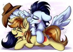 Size: 1920x1358 | Tagged: safe, artist:julunis14, derpibooru import, braeburn, soarin', earth pony, pegasus, blushing, braeburn's hat, cuddling, ear fluff, eyes closed, floppy ears, gay, hat, image, jpeg, male, one eye closed, shipping, spread wings, wings