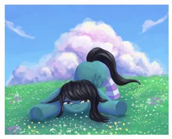 Size: 1328x1080 | Tagged: safe, artist:saphypone, derpibooru import, oc, oc:flower popen, unofficial characters only, bat pony, clothes, field, floppy ears, flower, image, jpeg, looking at you, lying down, smiling, socks, solo, striped socks