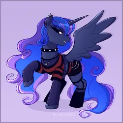 Size: 2164x2164 | Tagged: safe, artist:syrupyyy, derpibooru import, princess luna, alicorn, pony, choker, clothes, female, fishnet clothing, gradient background, image, jewelry, jpeg, mare, necklace, punk, shirt, socks, solo, spiked choker, spread wings, stockings, striped shirt, thigh highs, wings