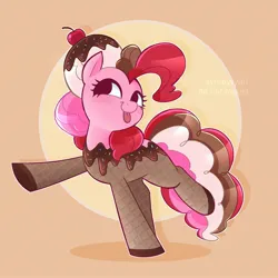 Size: 2144x2144 | Tagged: safe, artist:syrupyyy, derpibooru import, pinkie pie, pegasus, pony, cherry, cute, diapinkes, food, ice cream, image, jpeg, neapolitan, simple background, smiling, solo, standing on two hooves, tan background, tongue out