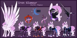 Size: 3060x1535 | Tagged: safe, artist:parrpitched, derpibooru import, oc, oc:iron glamour, pegasus, clothes, fireheart76's latex suit design, gloves, image, jpeg, latex, latex boots, latex gloves, latex suit, pegasus oc, prisoners of the moon, pronouns, reference sheet, rubber, rubber suit, wings