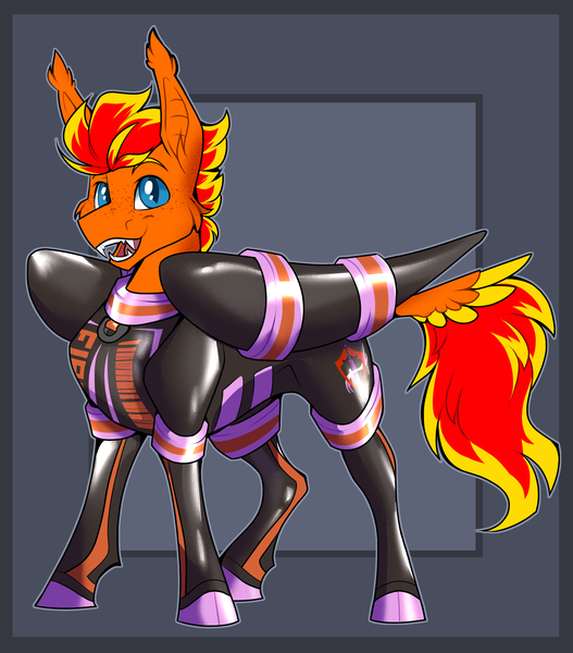 Size: 1923x2190 | Tagged: safe, artist:parrpitched, derpibooru import, oc, oc:fireheart(fire), bat pony, bat pony oc, bat wings, fireheart76's latex suit design, image, latex, latex boots, latex suit, png, prisoners of the moon, rubber, rubber suit, solo, wings