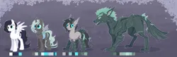 Size: 15500x5000 | Tagged: safe, alternate version, artist:nika-rain, derpibooru import, oc, changeling, original species, pegasus, pony, timber pony, timber wolf, changeling oc, commission, image, png, reference sheet, solo, species swap