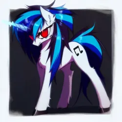 Size: 3072x3072 | Tagged: safe, derpibooru import, editor:v, machine learning assisted, machine learning generated, purplesmart.ai, stable diffusion, vinyl scratch, pony, unicorn, ear fluff, female, glow, glowing horn, horn, image, png, red eyes, solo