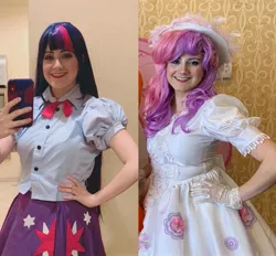 Size: 2289x2121 | Tagged: safe, artist:sarahndipity cosplay, derpibooru import, sweetie belle, twilight sparkle, human, equestria girls, clothes, cosplay, costume, everfree northwest 2019, grin, image, irl, irl human, jpeg, mobile phone, phone, photo, smiling