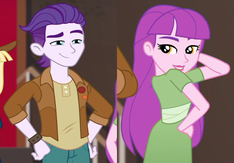 Size: 1506x1050 | Tagged: safe, derpibooru import, edit, edited screencap, screencap, dirk thistleweed, violet wisteria, equestria girls, equestria girls series, how to backstage, spoiler:eqg series (season 2), arm behind head, crack shipping, cropped, female, hand on hip, image, looking at you, male, png, shipping, shipping domino, straight, thisteria