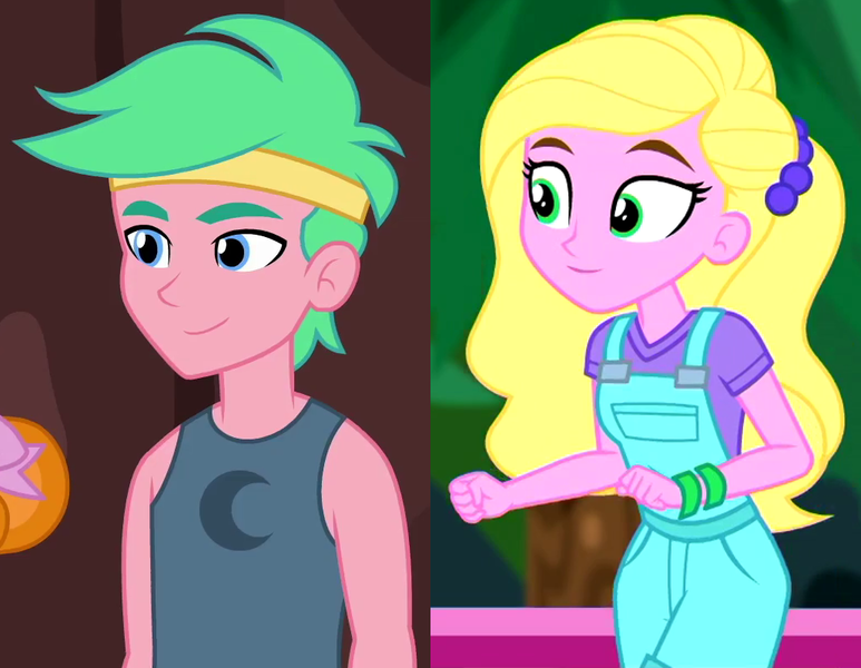 Size: 1030x800 | Tagged: safe, derpibooru import, edit, edited screencap, screencap, lemon zack, sandy cerise, human, equestria girls, equestria girls series, five lines you need to stand in, sunset's backstage pass!, spoiler:eqg series (season 2), background human, ceriselemon, clothes, crack shipping, cropped, female, headband, image, male, overall shorts, png, shipping, shipping domino, smiling, straight