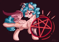 Size: 2480x1754 | Tagged: safe, artist:dankpegasista, derpibooru import, cozy glow, alicorn, pony, alicornified, big grin, cozycorn, evil, female, filly, foal, grin, highlights, image, magic, pentagram, png, pure concentrated unfiltered evil of the utmost potency, pure unfiltered evil, race swap, raised hoof, red eyes, satanic, shading, smiling, solo, spread wings, summoning, wings