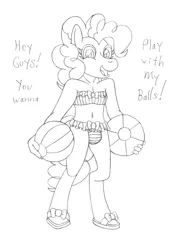 Size: 2550x3510 | Tagged: suggestive, artist:supra80, derpibooru import, pinkie pie, anthro, earth pony, unguligrade anthro, beach ball, bikini, black and white, bubble berry, clothes, crotch bulge, dialogue, femboy, flip-flops, grayscale, image, male, monochrome, open mouth, png, rule 63, sandals, sketch, solo, solo male, swimsuit, traditional art