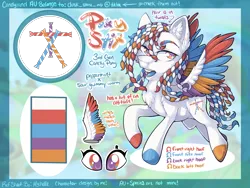 Size: 2224x1668 | Tagged: safe, artist:mychelle, derpibooru import, oc, oc:pixy stix, pegasus, pony, candy, chest fluff, colored wings, female, food, image, mare, multicolored hooves, multicolored wings, png, reference sheet, solo, wings